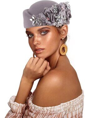 Women's British Felt hat Church Derby Headdress Floral Beret hat Grey
